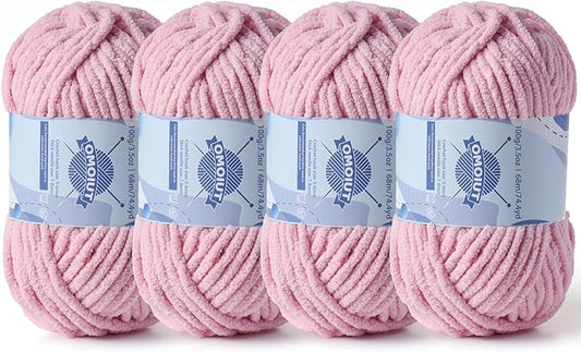 Chunky Chenille Yarn for Crocheting，Baby Yarn for Crocheting Soft Blankets，Bulky Yarns for Crochet Amigurumi，4×100g (4×74.3yds) Fluffy Velvet Yarns for Hand Knitting (4 Pale Pink)