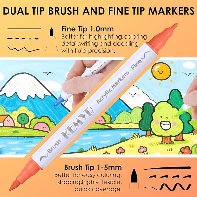 KEMYR 48 Colors Brush & Fine Tip Acrylic Paint Pens, Dual Tip Acrylic Paint Markers for Paper, Wood, Canvas, Stone, Rock, Glass, Fabric, DIY, Ceramic, Art Supplies for Adults Drawing
