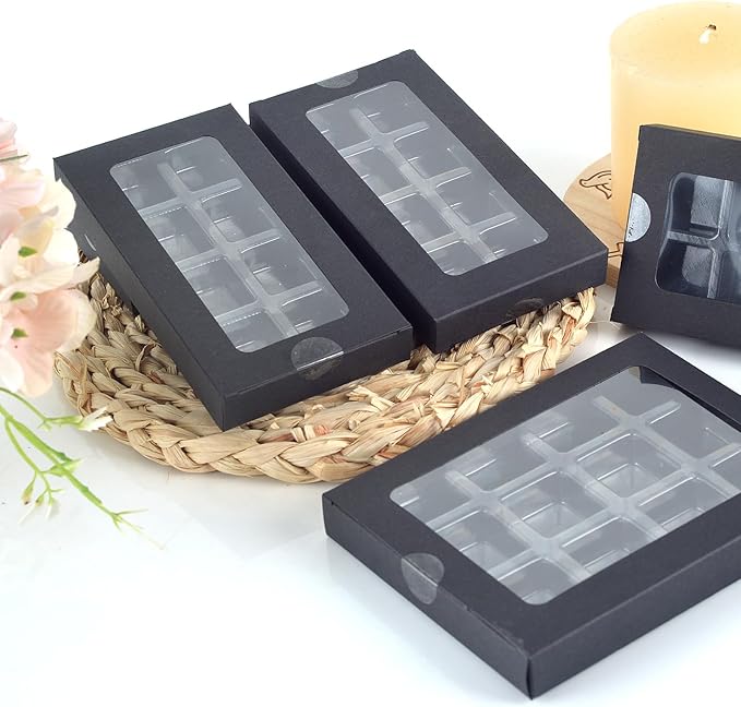 50 Pcs Gift Boxes for Wax Melts Plastic Mold with Box Wax Melt Boxes Crystal Clear Wax Melt Molds Wax Melts Containers for Wax Cubes Wax Tarts Wax Block (8 Cavity, Black)