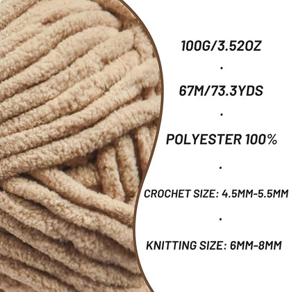 Chunky Chenille Yarn for Crocheting，Baby Yarn for Crocheting Soft Blankets，Bulky Yarns for Crochet Amigurumi，4×100g (4×74.3yds) Fluffy Velvet Yarns for Hand Knitting (4 Khaki)