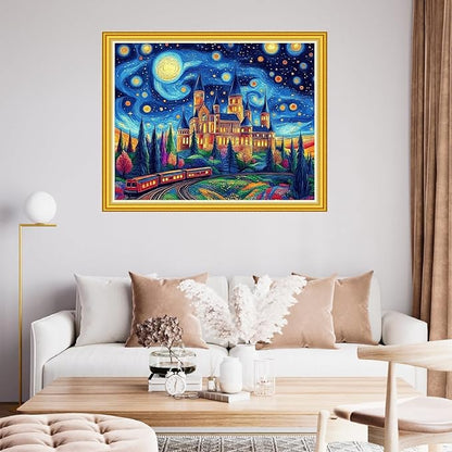 Fanxvivy Stamped Cross Stitch Kits for Beginners Full Range of Cross Stitching Preprinted Embroidery Kits for Adults, 11CT Embroidery Pattern Needlepoint Kits-Van Gogh Castle Train 16x20 inch