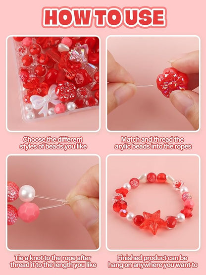 150PCS Christmas Acrylic Pastel Beads for Jewelry Making, Kalolary Colorful Bow Butterfly Flower Kawaii Plastic Candy Heart Cute Macaroon Aesthetic Beads for Bracelet Necklace DIY Supplies (Red)