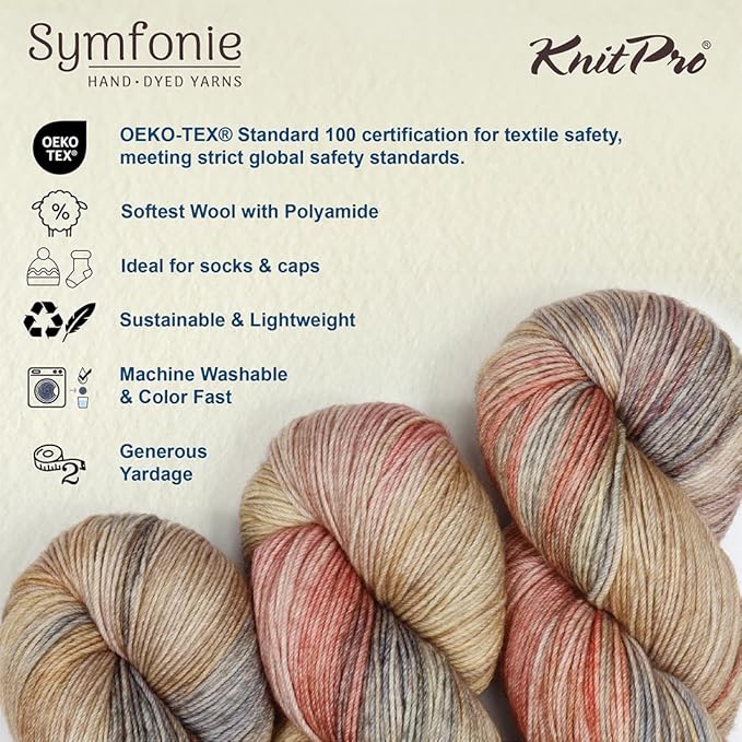 KnitPro Symfonie Hand Dyed Yarn | Extra Fine Merino Wool & Polyamide Blend for Knitting & Crocheting, Fingering Weight, Oeko-TEX Certified 400m, 100g Skein | Terra Variegated Moonlit Glow