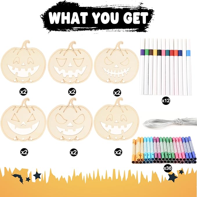 Wooden Pumkins Wind Chime Ornaments Painting Craft,12PCS Unfinished Wood Hanging Decoration,6 Style Cutouts for Adults Olders to Paint DIY Tags Wedding Home Decors Hanging