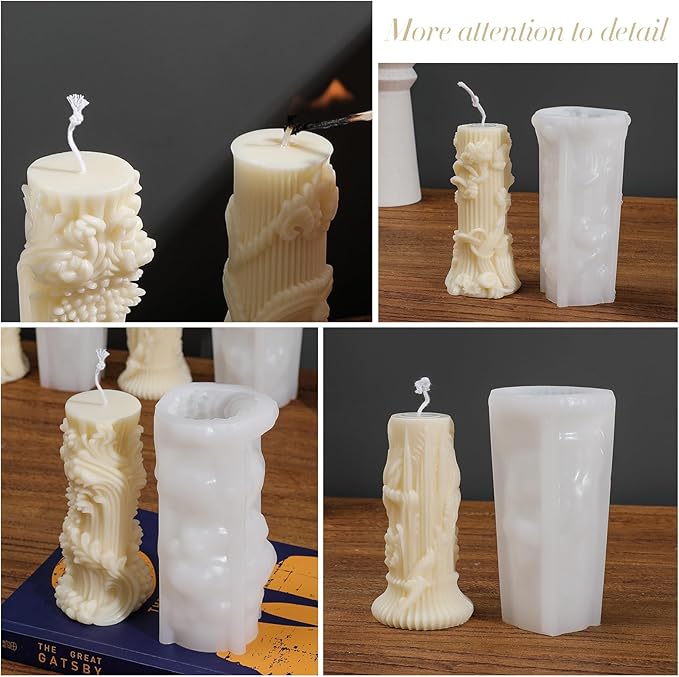 Roma Pillar Silicone Candle Mold with Wick Pin and 50 Wicks Epoxy Wax Molds Silicone Shapes Taper Mold for Candle Craft Making Gift Decoration