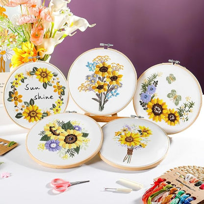 5 Pack embroidery kit for beginners Adults DIY Starter Kit,Sunflower Gifts for Women Cross Stitch Kits with Flower Stamped Patterns, Embroidery Hoop, Tools,Colorful Threads,Hand Craft Lover Gift