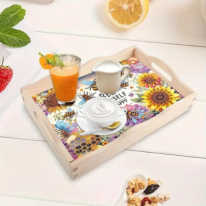 DoxQcs DIY Diamond Art Wooden Tray Kit Easter Food Tray with Handle Diamond Painted Table Decoration Tray for Breakfast Bar Dinner Table Diamond Art Painting for Beginners-#01-Sunflower Bee