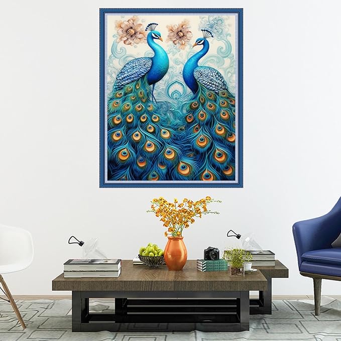 Dooxvey Cross Stitch Kits for Adults Stamped Full Range of Embroidery Starter Kits for Beginners 11CT Printed Cross Stitch Patterns Needlepoint Kits Stamped Crossstitch-Blue Peacock 16x20 inch