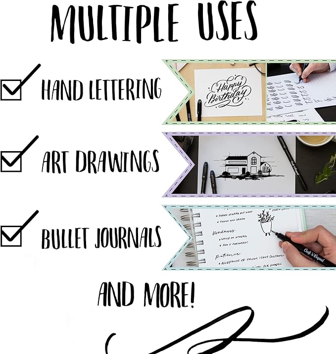 Craft 'n' Beyond Calligraphy Brush Pens Pack of 10 Markers for Hand Lettering, Art Drawing, Sketching, Scrapbooking, Writing, Journaling tip - Beginner Kit with Fadeproof Black Ink