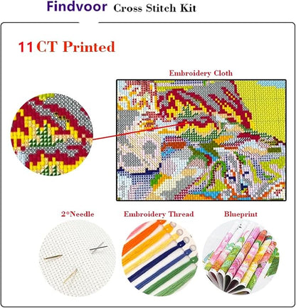 Findvoor Stamped Cross Stitch Kits for Beginner Embroidery Kits for Beginners Adults DIY 11CT Cross Stitch Patterns Needlepoint Kits Crossstitching Kits-Waterfall Deer 16x20 inch
