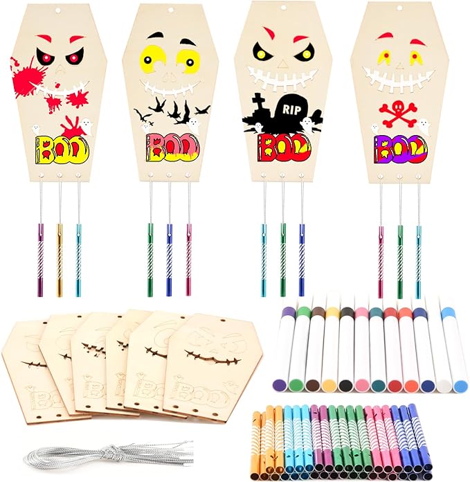 Wooden Coffins Wind Chime Ornaments Painting Craft,12PCS Unfinished Wood Hanging Decoration,6 Style Cutouts for Adults Olders to Paint DIY Tags Wedding Home Decors Hanging