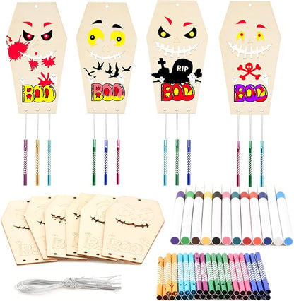 Wooden Coffins Wind Chime Ornaments Painting Craft,12PCS Unfinished Wood Hanging Decoration,6 Style Cutouts for Adults Olders to Paint DIY Tags Wedding Home Decors Hanging