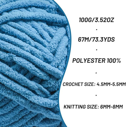 Chunky Chenille Yarn for Crocheting，Baby Yarn for Crocheting Soft Blankets，Bulky Yarns for Crochet Amigurumi，3×100g (3×74.3yds) Fluffy Velvet Yarns for Hand Knitting (3 Lake Blue)