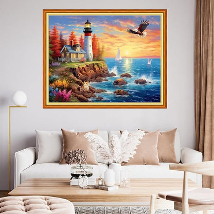 Findvoor Stamped Cross Stitch Kits for Beginner Embroidery Kits for Beginners Adults DIY 11CT Cross Stitch Patterns Needlepoint Kits Crossstitching Kits-Seaside Lighthouse 16x20 inch