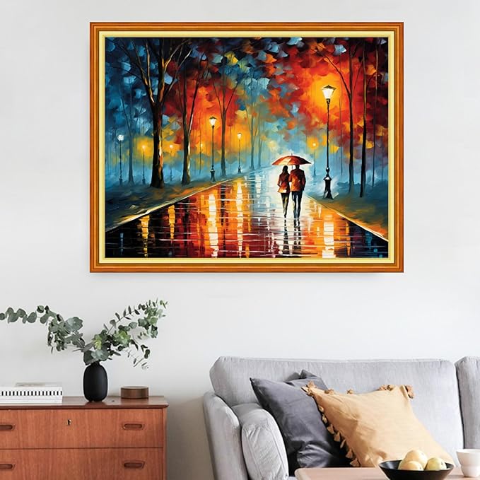 Funart Stamped Cross Stitch Kits for Beginners Full Range of Cross Stitching Preprinted Embroidery Kits for Adults, 11CT Embroidery Pattern Needlepoint Kits-Rromantic Stroll Rainy Night 16x20 inchs