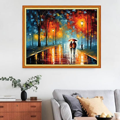 Funart Stamped Cross Stitch Kits for Beginners Full Range of Cross Stitching Preprinted Embroidery Kits for Adults, 11CT Embroidery Pattern Needlepoint Kits-Rromantic Stroll Rainy Night 16x20 inchs