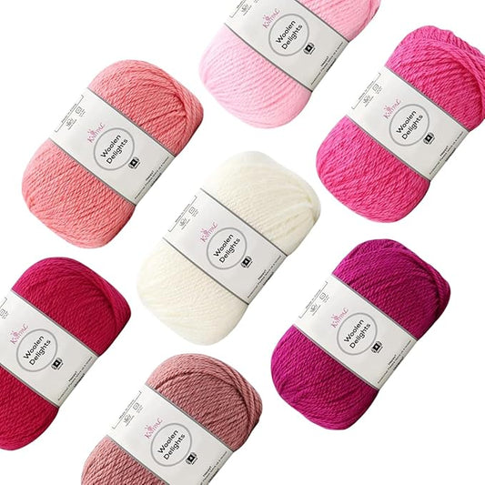 Woolen Delights Soft Wool Yarn for Crocheting, 7-Pack (1218Yds / 700G), Free Patterns - #4 Medium Aran/Heavy Worsted Weight Wool Yarn for Knitting - Pink Pack