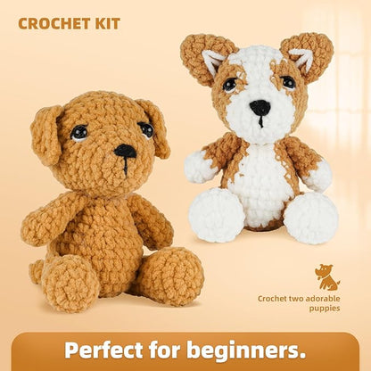 MOREJMTT Crochet Kit for Beginners, Learn to Crochet, Include Easy Knitting Soft Yarn, Step-by-Step Video Tutorial, Hook, Holiday Birthday Gift for Adults (2 Pack Dog)