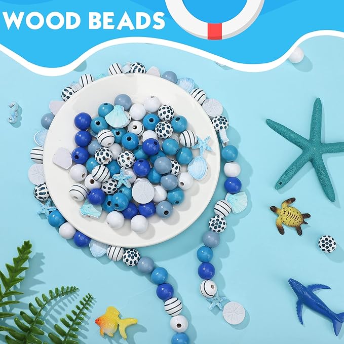 200 Pcs Ocean Theme Wood Beads for Crafts Colored Wooden Beads with Holes Blue Nautical Starfish Conch Seashell Round Spacer Crafts Kits Polished for DIY Art Summer Beach Party Decor