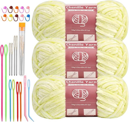 LUNARM Chenille Yarn for Crocheting Knitting, 3 Skein 263 Yard Thick Soft Chunky Fluffy Weaving Plush Yarn for Blankets Clothes Pattern Creations with Big Eye Needles (Light Yellow)