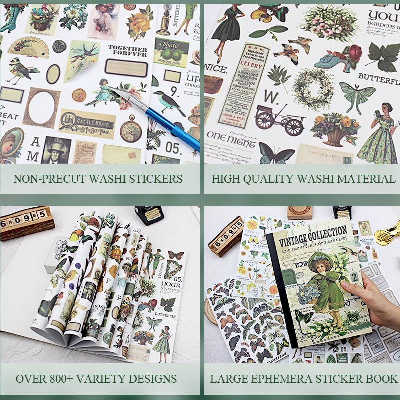 Vintage Scrapbooking Sticker Book for Adults - 800+ Washi Journaling Stickers Ephemera Book for Junk Journal Supplies DIY Crafts Arts Decorative 24 Sheets - Image 3