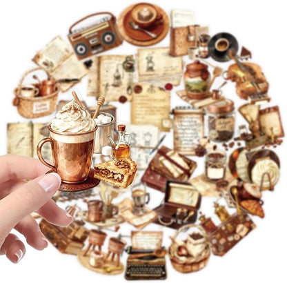 50Pcs Vintage Coffee Stickers for Scrapbooking, Journal, Photo Album, Kindle, Laptop, Refrigerators, Suitcase, Waterproof PET Transparent Aesthetic Decals