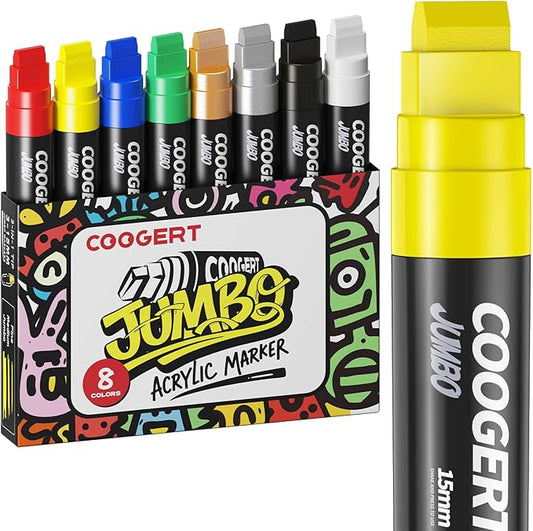 Coogert 8 Vibrant Colors Jumbo Poster Markers, 15MM Thick Permanent Acrylic Graffiti Markers, Wide Tip Paint Marker for Canvas, Posters Board, Fabric, Window, Wood, Teachers,Banner painting supplies