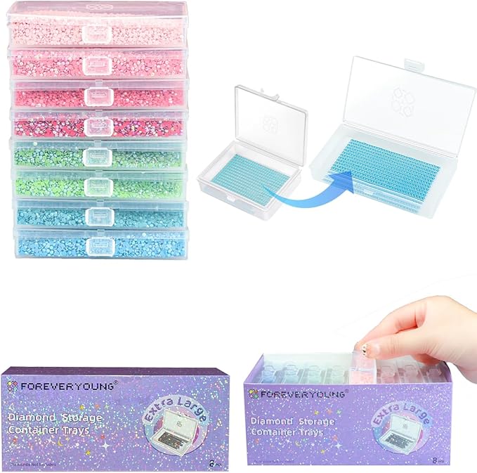 8pcs ForeverYoung Extra Large Diamond Art Storage Containers Tray, Diamond Art Accessories Diamond Painting Trays with Lids, 2-in-1 Diamond Art Trays and Diamond Painting Storage, Purple Box