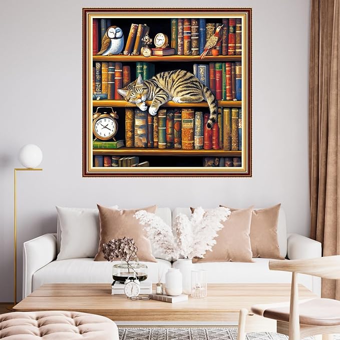 Funart Stamped Cross Stitch Kits for Beginners Full Range of Cross Stitching Preprinted Embroidery Kits for Adults, 11CT Embroidery Pattern Needlepoint Kits-Sleeping cat on Bookshelf 18x18 inch