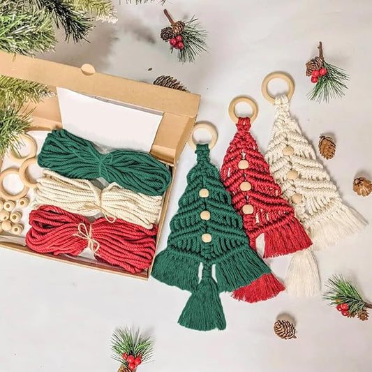 mdgfge 3Pcs Christmas Tree DIY Macrame Woven Tree Kit Christmas Tree Decoration Craft Starter Assembled Kit Boho Wall Hanging Ornaments Art Decor for Beginners Xmas DIY Party Supplies