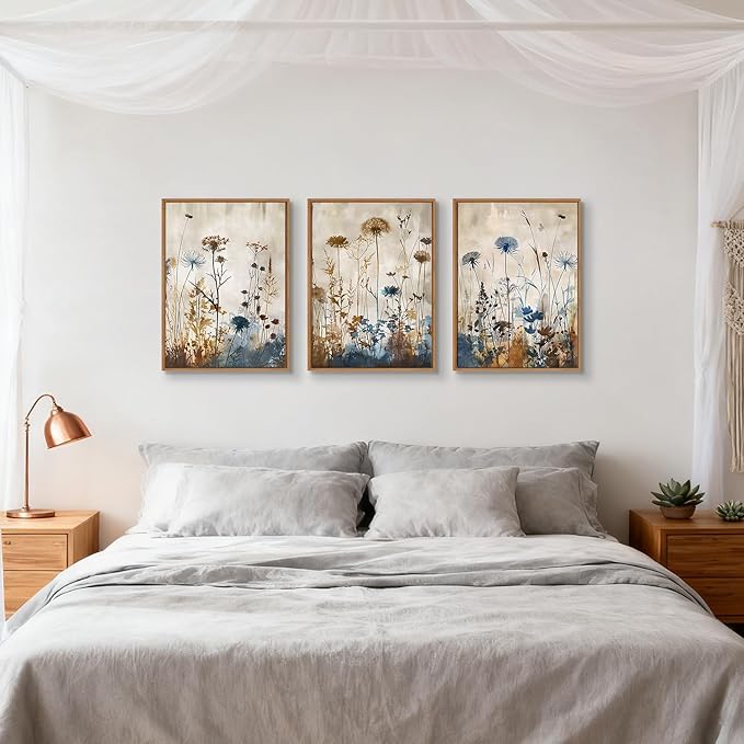 WENGTIAO 3Pcs Vintage Framed Canvas Wall Art Prints Flowers Posters Pictures Boho Brown Blue Blooms Paintings Nature Floral Botanical Artwork for Living Room Bedroom Bathroom Office 16x24x3