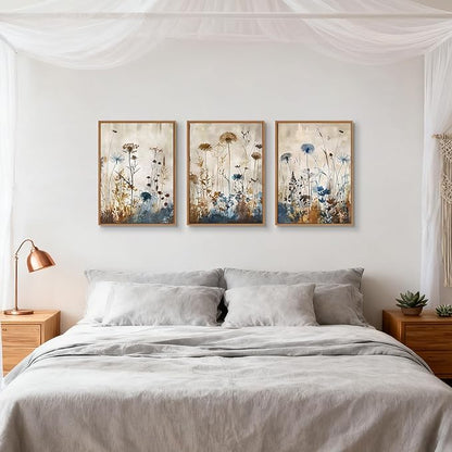 WENGTIAO 3Pcs Vintage Framed Canvas Wall Art Prints Flowers Posters Pictures Boho Brown Blue Blooms Paintings Nature Floral Botanical Artwork for Living Room Bedroom Bathroom Office 16x24x3