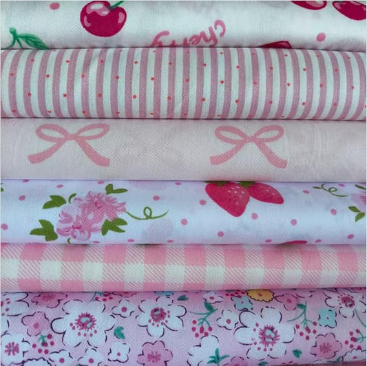 6Pcs 9.8"*9.8"(25cm*25cm) Cotton Fabric DIY Making Supplies Quilting Patchwork Fabric Fat Quarter Bundles DIY for Quilting Cotton Patchwork Cushions(Strawberry, 25 * 25cm)