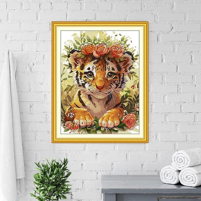 Qeerysew Cross Stitch Kits Stamped Full Range of Embroidery Starter Kits for Beginners DIY - Printed Kit Tiger with a Garland of Flowers (Printed) 11CT18.5x23.6 inches