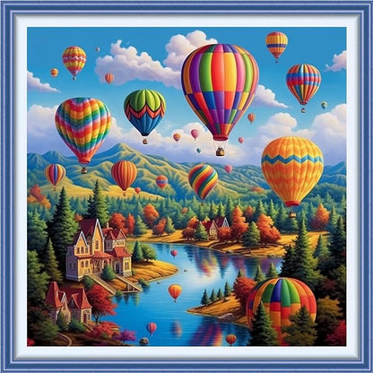 Joyhoor Cross Stitch Kits for Beginners Stamped Cross-Stitch Supplies Needlework preprint Embroidery Kits for Adults DIY Needlepoint Kits Embroidery Patterns 11CT-Colorful hot air Balloon 18.x18 inch