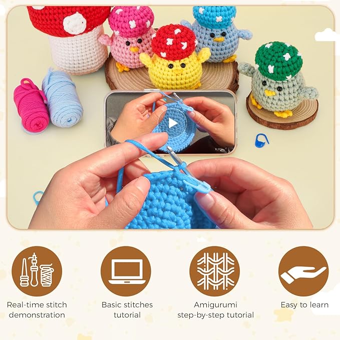 Crochet Kit for Beginners - Adorable Animal Crocheting Set with 4 Chicks and 1 Big Mushroom, DIY Craft with Step-by-Step Video Tutorials, Learn to Crochet Kit for Adults Kid, Ideal Christmas Gift