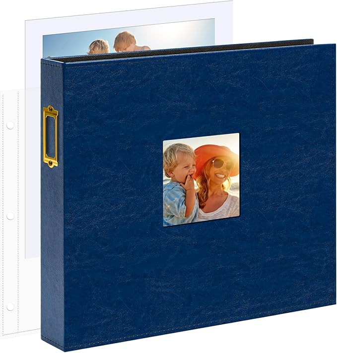 Vienrose 12x12 Inch Large 3 Ring DIY Scrapbook Photo Album Leather Cover Scrap Book Albums Blank Scrapbooks Photobook with 30 Plastic Sleeves 60 Pages for Wedding Baby Family Anniversary (Navy Blue)