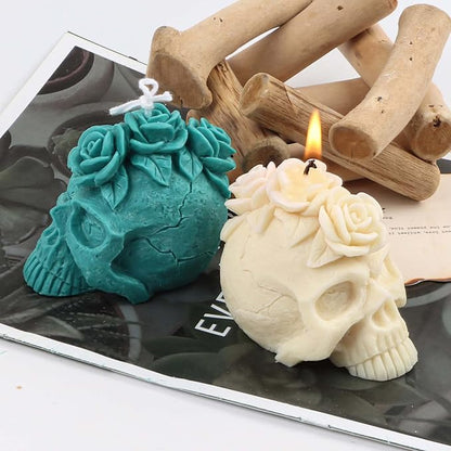 Grainrain 3D Skull Rose Flower Design Silicone Candle Mold Decorated Pillar Candle Mould Handcrafted Silicone Molds for Candle Wax Resin Gyspum Crafts Making (G40)