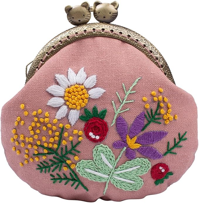 MIAO JIN 2 Sets Stamped Embroidery Coin Purse Kits for Beginners Handmade DIY Embroidered Clutch Starter Kit with All Supplies Tools Bamboo Embroidery Hoops