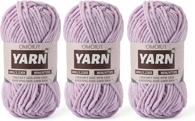 Fluffy Chenille Yarn for Crocheting - Baby Yarn for Crocheting Soft Blanket - 3 Pack of 100g/(87.4yds) Crochet Amigurumi Chunky Yarns - Super Bulky 5 Velvet Yarns (3 Light Purple)