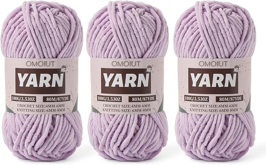 Fluffy Chenille Yarn for Crocheting - Baby Yarn for Crocheting Soft Blanket - 3 Pack of 100g/(87.4yds) Crochet Amigurumi Chunky Yarns - Super Bulky 5 Velvet Yarns (3 Light Purple)