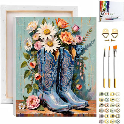 Sceorixa Western Paint By Numbers Kit for Adults - DIY Blue Cowboy Boots with Flowers Painting On Canvas, Acrylic Paint Set, Suitable for Beginners, Art for Home Decoration Or Gifts(12X16IN Framed) by Unknown