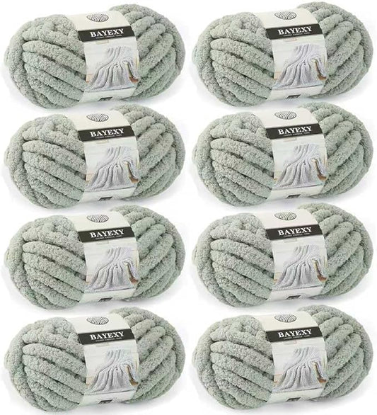 Chunky Chenille Yarn for Hand Knitting 8 Jumbo Pack Jumbo Chunky Yarn for Hand Soft Blanket Knitting, Bulky Thick Fluffy Yarn for Crocheting (Sage Green)