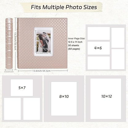 RECUTMS Photo Album 60 Pages Black Inner Button Grain Leather for 4x6 5x7 8x10 pictures DIY Scrap Photo Book Baby Family Wedding Anniversary Self Adhesive Handmake Picture Album（Pink）