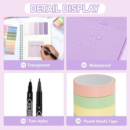 Sinload 60 Pcs Aesthetic Book Annotation Kit School Supplies Cute Pencil Case 12 Highlighter 5 Gel Pen 6 Mechanical Pencil 5 Magnetic Bookmark 1220 Pcs Sticky Note Tab Student Stationary(Purple)
