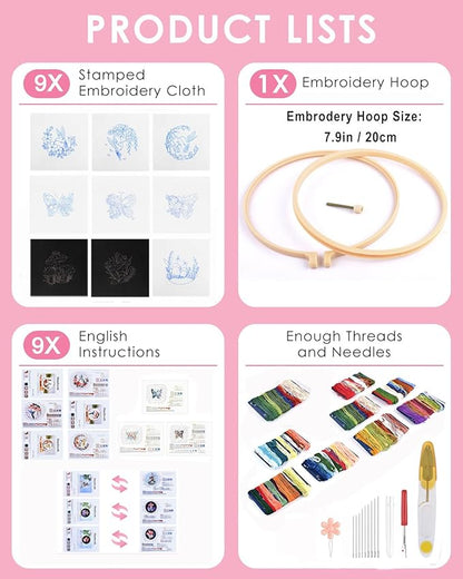 TINDTOP Embroidery Kit for Adult for Beginners, 9 Sets Hummingbird Butterfly Mushroom Flower Embroidery Kit for Beginners Include Embroidery Cloth Hoop Threads with Embroidery Skill Techniques