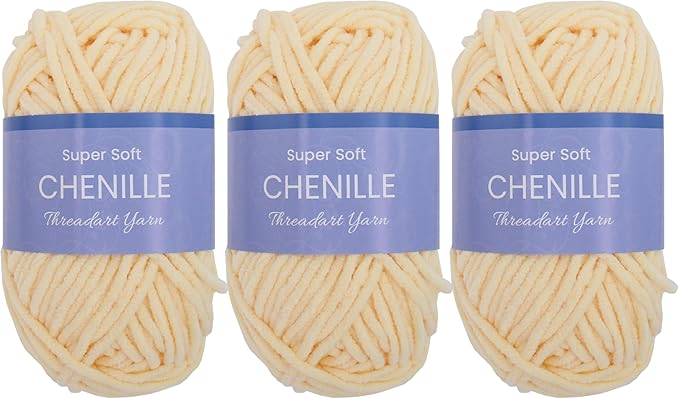 Threadart 3 Pack Super Soft Chenille Yarn for Crocheting, Knitting, Amigurumi, 50 Gram 60 yds #5 Fluffy Yarn Skeins - Light Yellow
