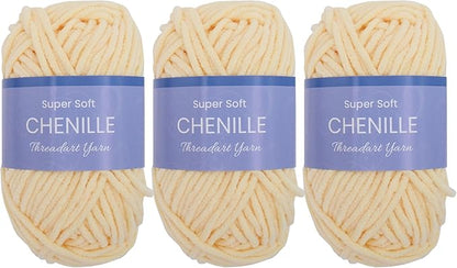 Threadart 3 Pack Super Soft Chenille Yarn for Crocheting, Knitting, Amigurumi, 50 Gram 60 yds #5 Fluffy Yarn Skeins - Light Yellow