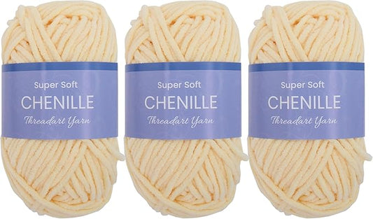 Threadart 3 Pack Super Soft Chenille Yarn for Crocheting, Knitting, Amigurumi, 50 Gram 60 yds #5 Fluffy Yarn Skeins - Light Yellow