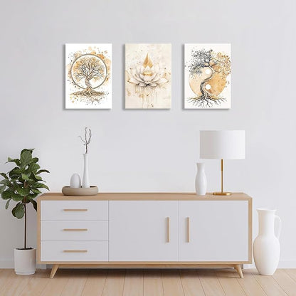 WENGTIAO 3Pcs Tree of Life Canvas Wall Art Prints Zen Lotus Pictures Posters Beige Yin Yang Fall Art Paintings Spiritual Meditation Artwork for Living Room Bedroom Spa Office Home Decor 16x24x3Pcs